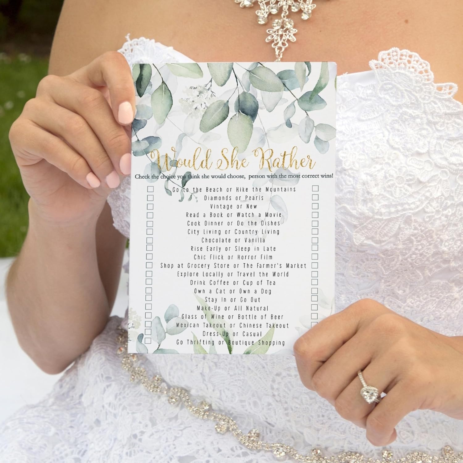 Greenery Bridal Shower Games - 25 Cards - Who Knows The Bride Best & Would She Rather - Rustic Botanical Designs For Wedding Reception, Bridal Showers, Or Birthday Celebrations - 5X7 Pack
