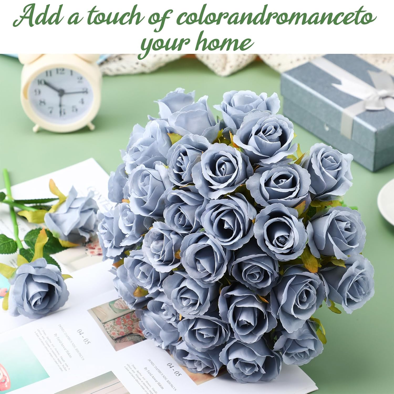 72 Heads Dusty Blue Artificial Rose Flowers 6 Bouquet Wedding Decoration Faux Flower Arrangement Bouquet With Stem Bridal Shower Gift Floral Centerpiece For Tables