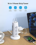 Retractable Power Strip Tower 12 AC Outlets 4 USB Ports PD 20W Flat Plug Surge Protector 5ft Cord White