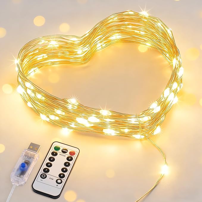 33FT USB Fairy Lights 100 LED Warm White Silver Wire String Lights with Remote Timer for Bedroom Dorm Party Decor