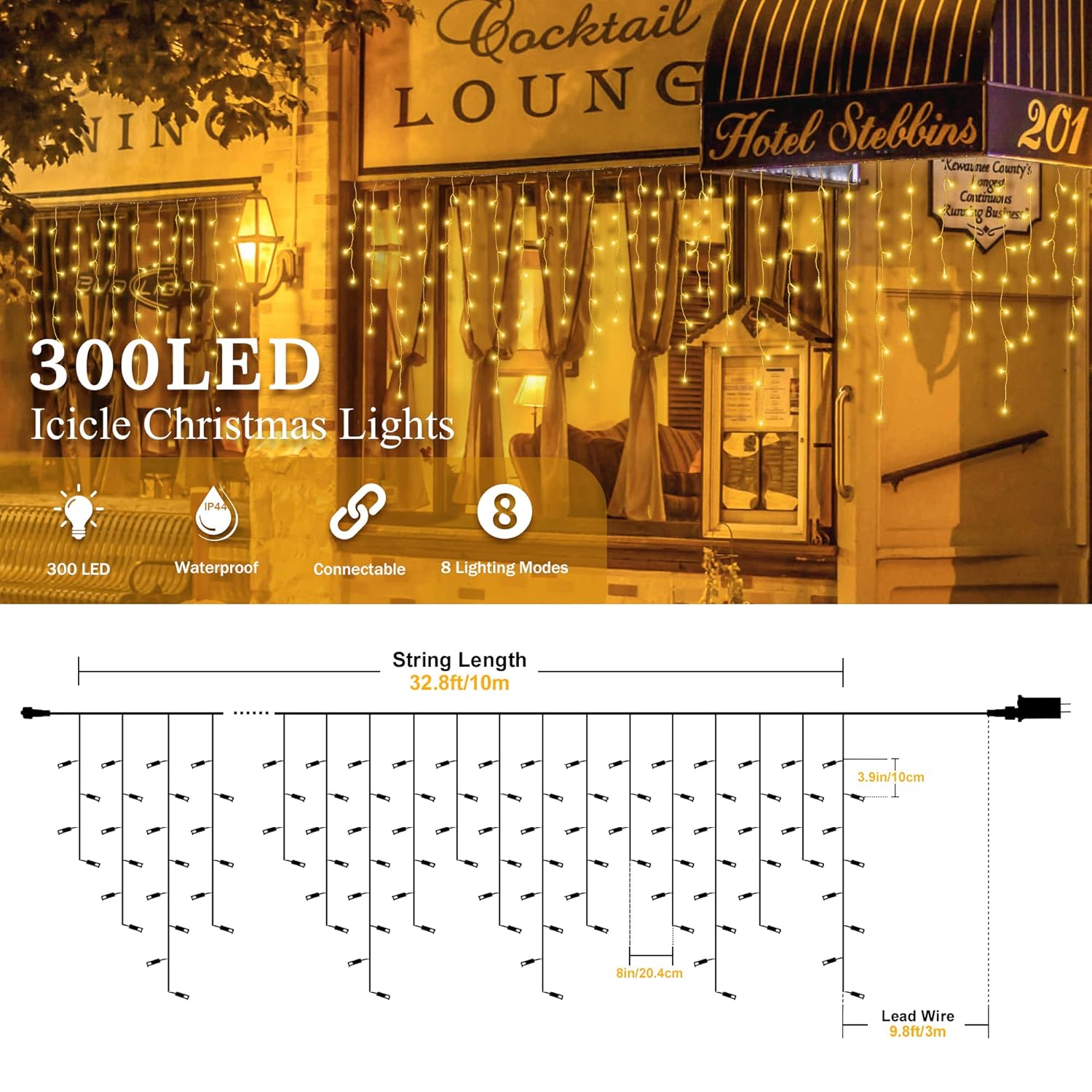 33Ft 300 Led Icicle Lights Outdoor Waterproof Icicle Christmas Lights With 50 Drops Warm White String Lights For Wedding