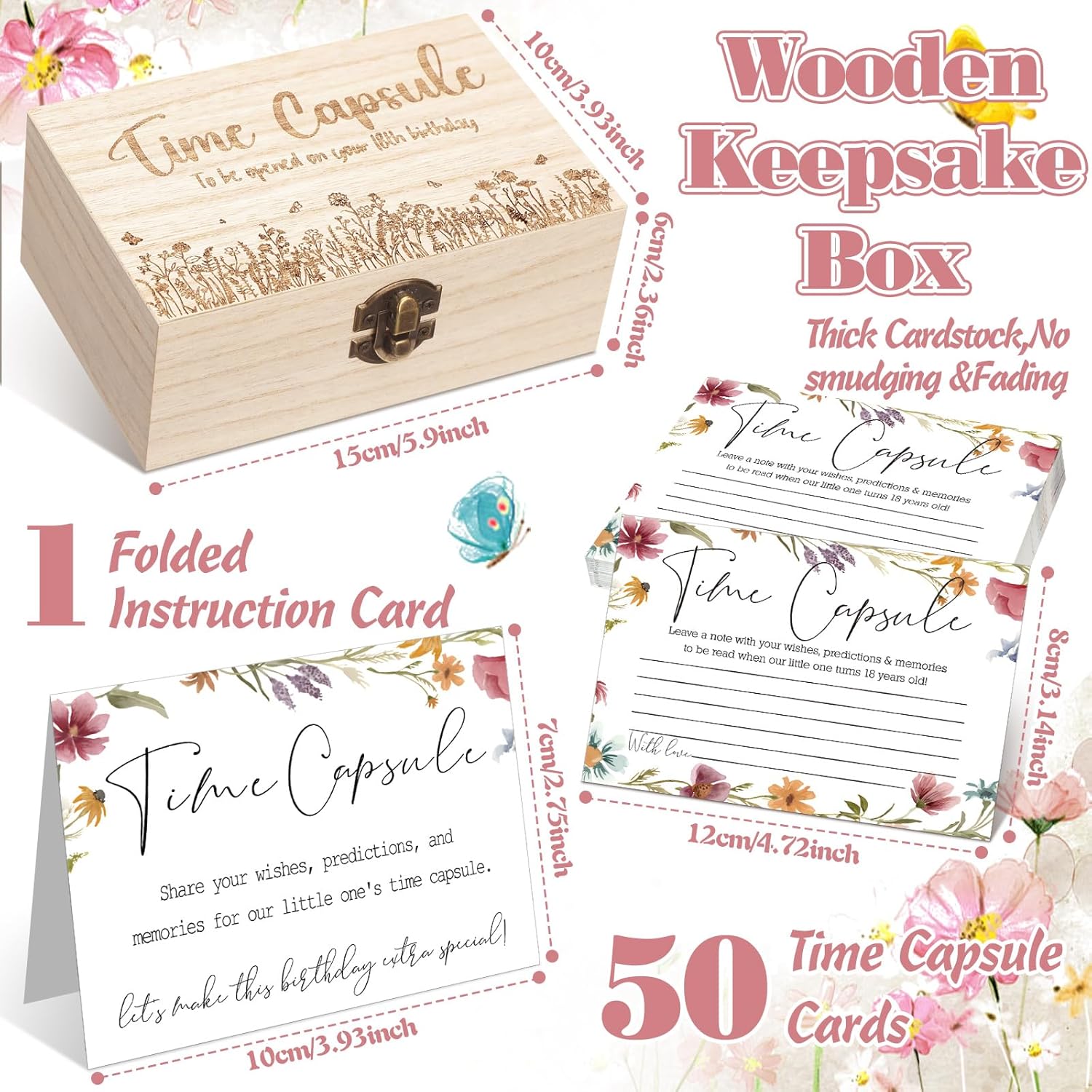 Time Capsule Box 1St Birthday Time Capsule First Birthday Party Games, 1St Activities For Guests, Advice And Wishes Cards Gift Keepsake For Party Supplies(Wildflower)
