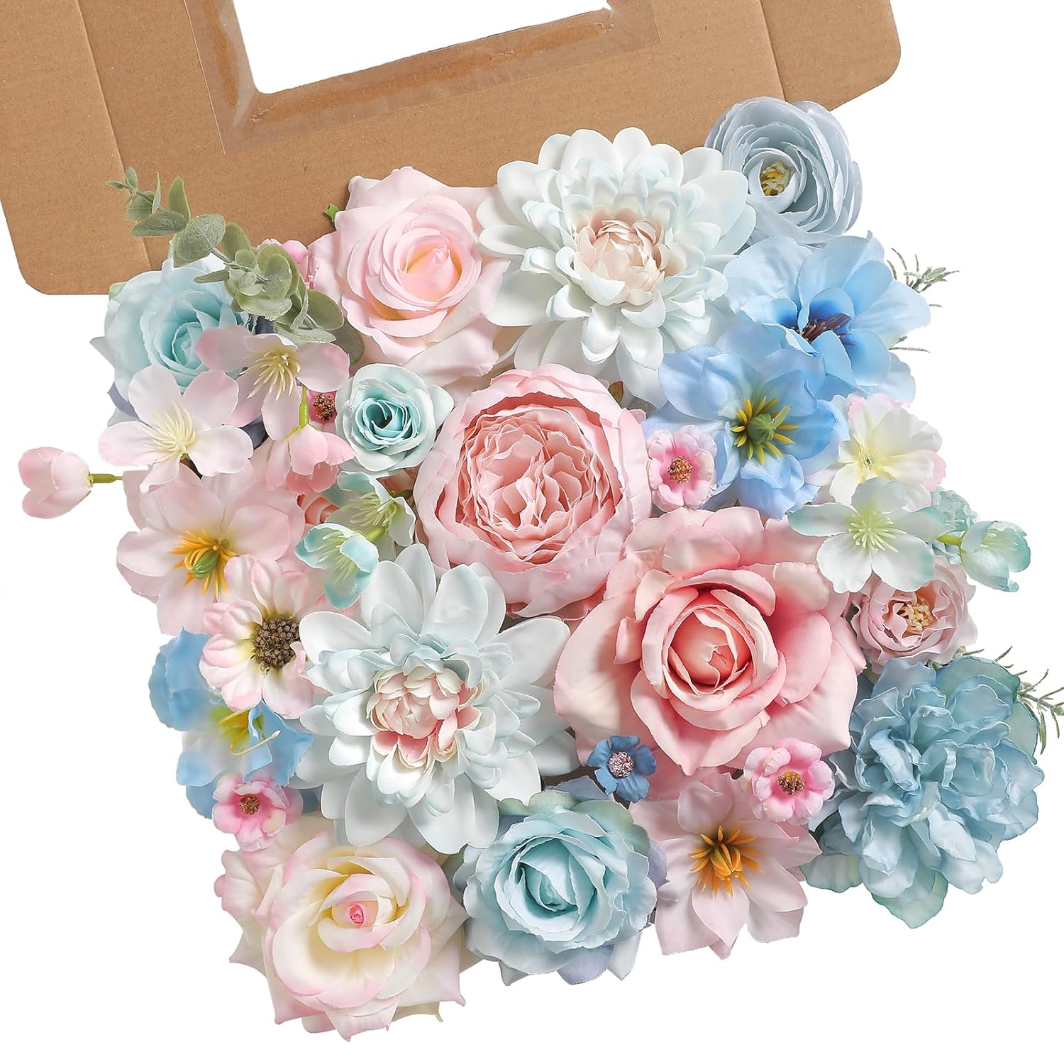 Artificial Flowers Combo Box Set Silk Flowers Fake Rose For Diy Floral Arrangements Wedding Bouquets Centerpieces Baby Shower Party Home Decorations (Blue Pink)
