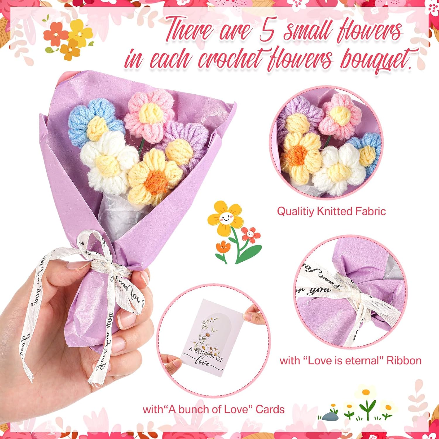 10 Sets Crochet Flowers Bouquet For Mom Grandma Lady Women Handmade Knitted Artificial Flowers With Sunflower A Bunch Of Love Cards In Gift Bags Favors