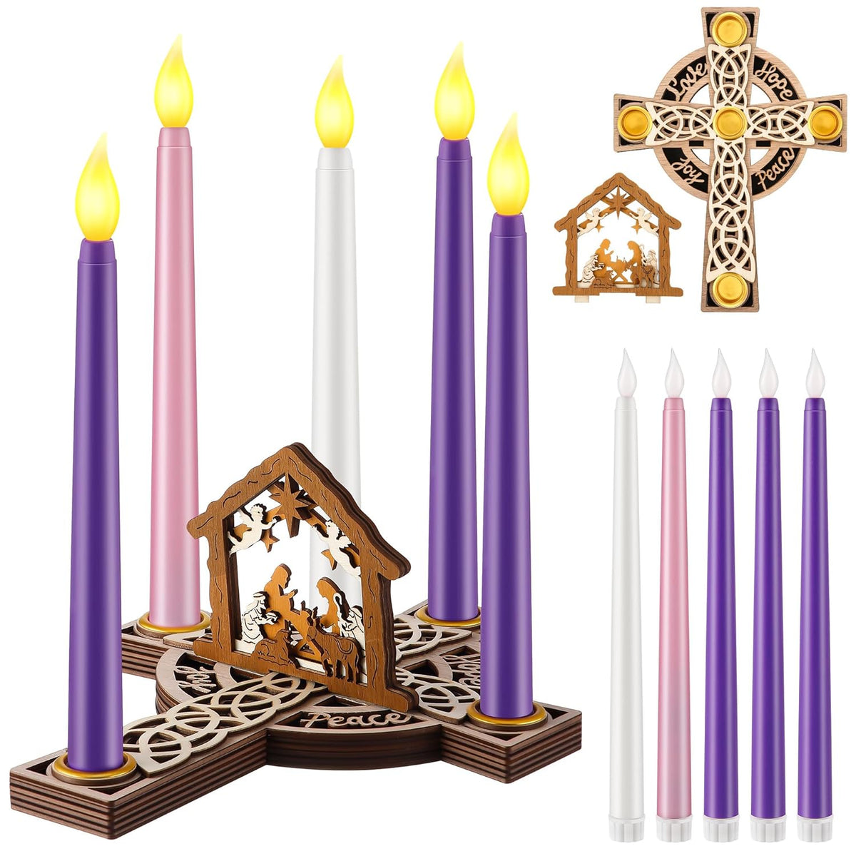 Christmas Advent Wreath Candle Holder With 5 Pcs Flameless Advent Candle, Wood Cross Shaped Nativity Scene Candlestick With Celtic Knot For Christmas Home Church Table Centerpiece Decor