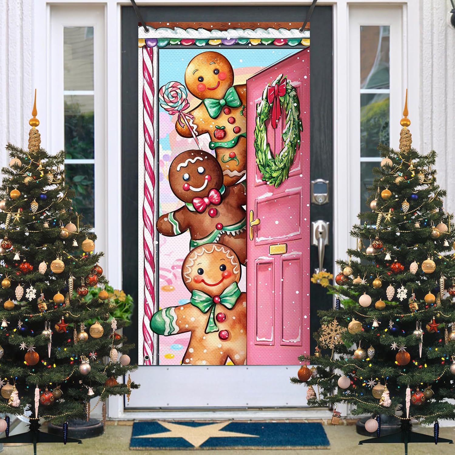 Christmas Gingerbread Man Door Cover Decorations, Pink Xmas Wreath Peppermint Candy Front Door Banner Background, Snowflake Winter Holiday Indoor Outdoor Home Decor 3 X 6 Ft