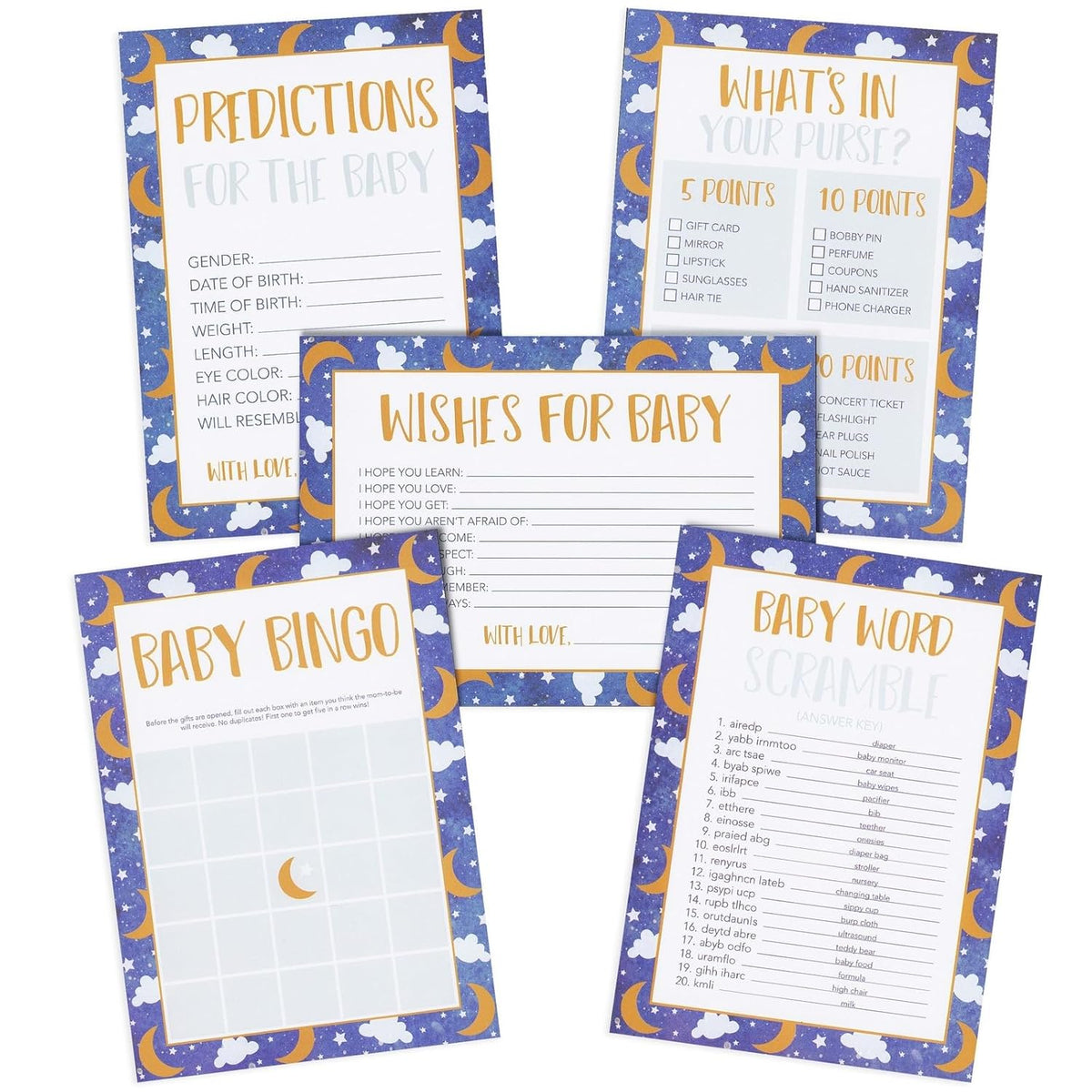 Moon & Star Theme Baby Shower Party Kit - 5 Activities, 251 Cards For 50 Guests - Space Cloud Baby Shower Card Games & Twinkle Little Star Bingo, Word Scramble Challenge
