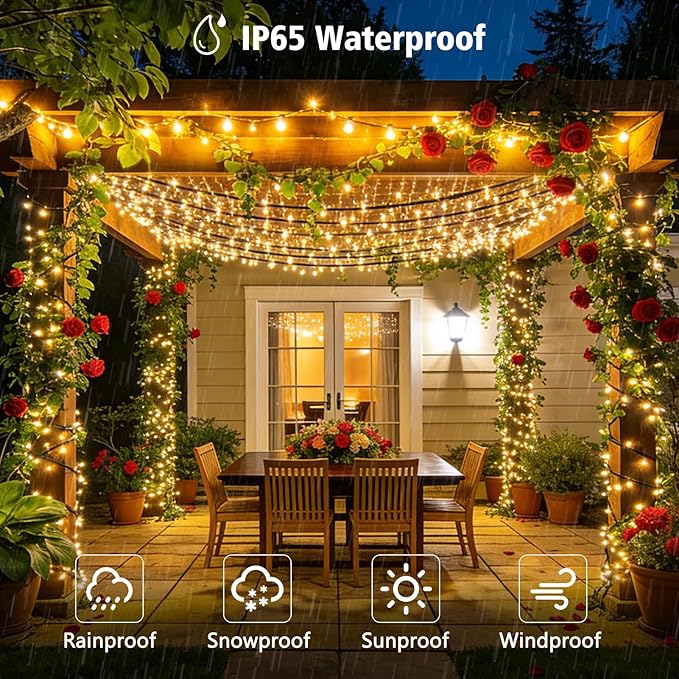 4 Pack 132FT Solar String Lights 400 LED Warm White Waterproof Twinkle Lights