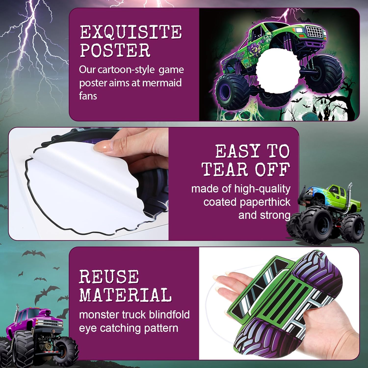 Monster Truck Birthday Games Pin The Wheel On The Monster Truck Green And Purple Trucks Poster With Stickers Blindfolds For Birthday Decorations Cars Party Games Activities Supplies