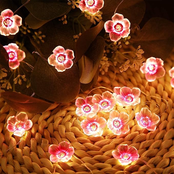 Cherry Blossom Flower String Lights 13FT 40 LED Pink Fairy Lights USB and Battery Operated Decorative Lights for Bedroom Indoor Outdoor Party Home Decor