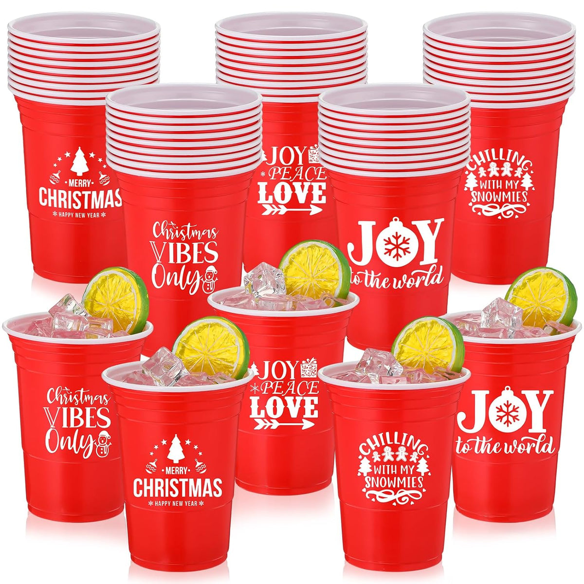 50 Pcs 16 Oz Disposable Christmas Plastic Cups Christmas Plastic Party Cups Red Merry Joy Christmas Cups Bulk For Drinking Xmas Holiday Party Decoration Beverage Snacks Beer, 5 Styles
