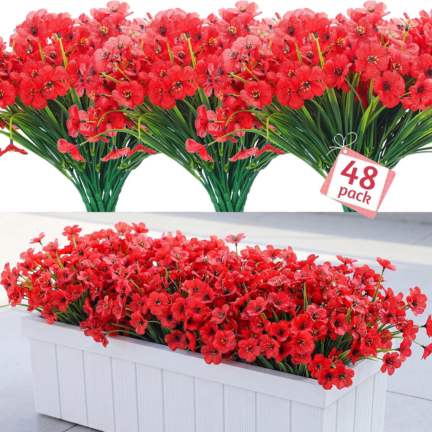 48 Bundles Red Artificial Flowers Outdoor Faux Flowers Uv Resistant Fake Plastic Plants No Fade Deep Red Greenery Shrubs For Porch Garden Planters Porch Window Wedding Box Decorating