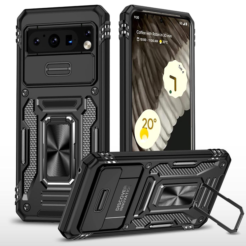 Pixel 9 Pro XL Case, Slide Camera Cover, 360° Ring Kickstand, Military Grade, Black