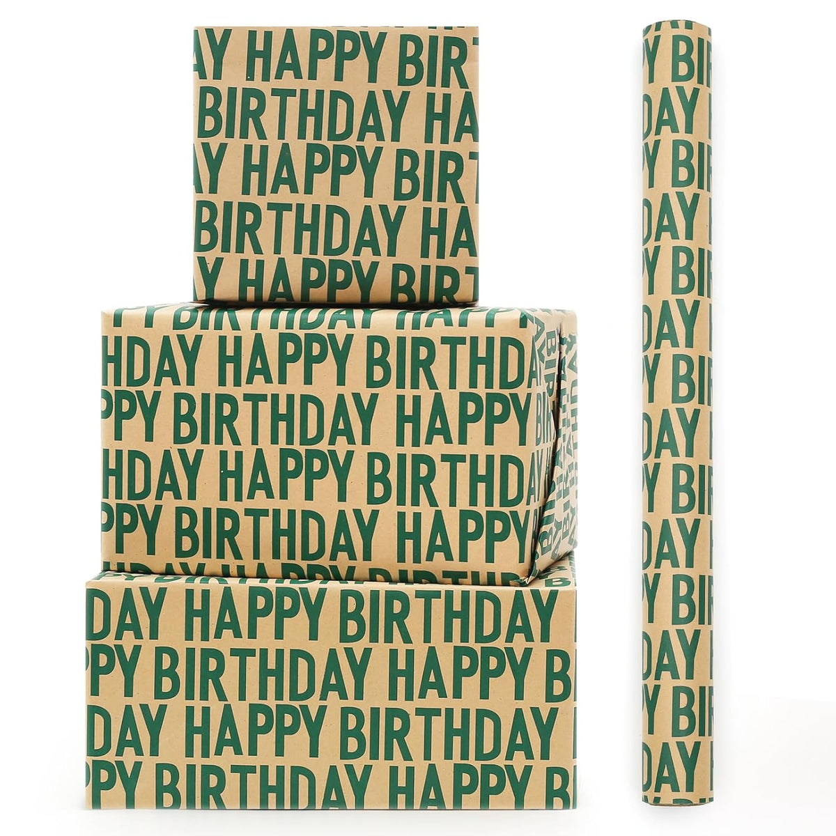 Green Birthday Wrapping Paper, Minimal Emerald Greens Large Happy Birthday Repeating Script Wrapping Paper - 1 Mini Roll 17Inch X10 Ft Per Roll - Green Kraft Gift Wrap For Birthdays Party
