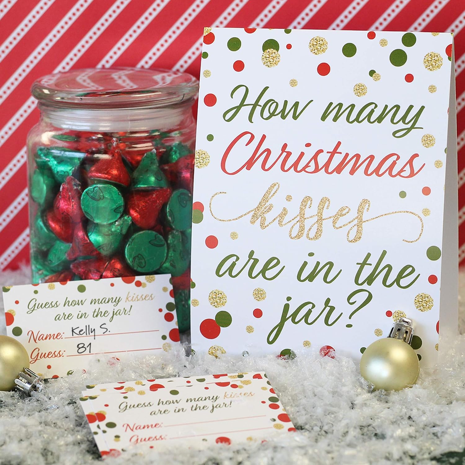 Christmas Party Game How Many Kisses (1 Double-Sided Sign With 30 Guessing Cards)
