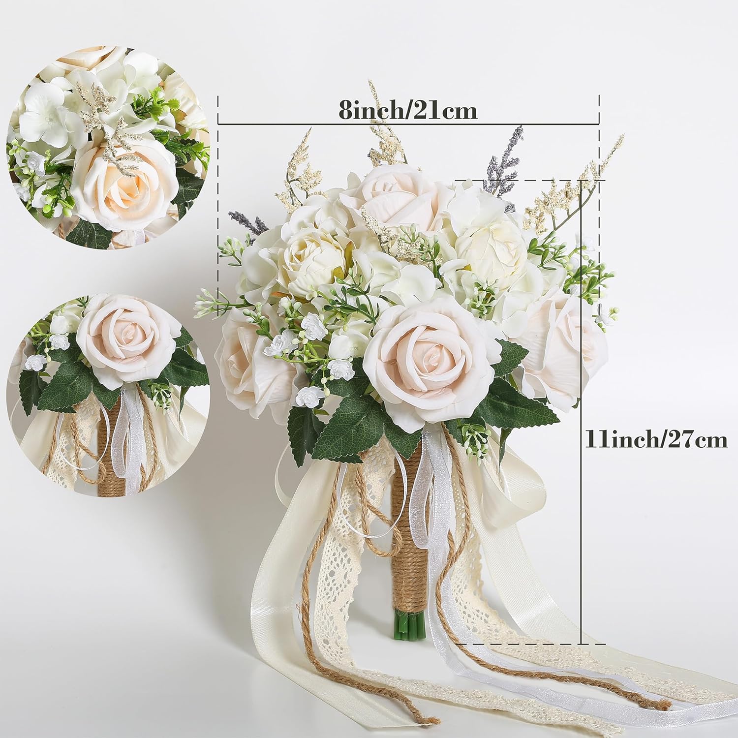 Wedding Bouquets For Bride Bridesmaid, White Champagne Artificial Roses Flowers With Ribbon Bow For Wedding Prom Church Decoration, Ceremony, Anniversary (8In)