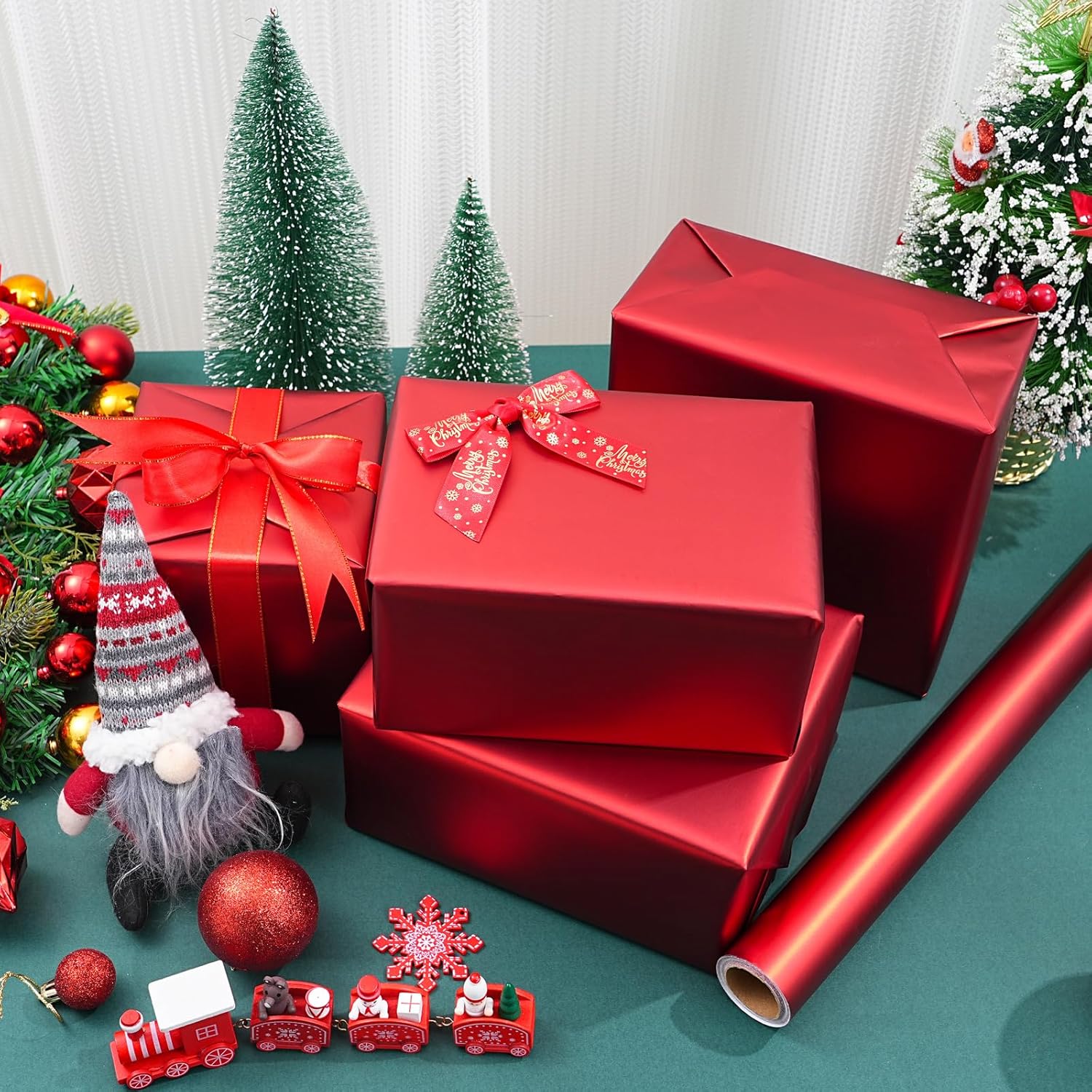 Metallic Red Wrapping Paper Roll With Cut Lines - Solid Red Holiday Gift Wrap For Graduation, Christmas, Birthdays, Baby Shower, Wedding - 17.5 In X 33 Ft (48 Sq. Ft), Easy To Cut