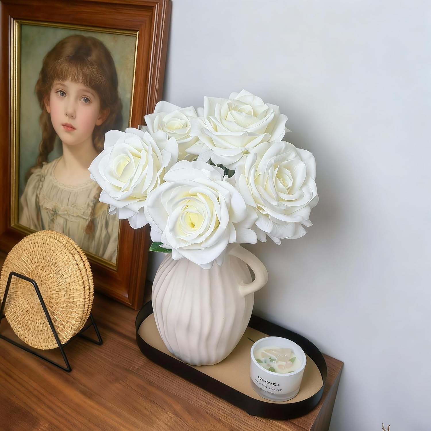Artificial Flowers, 5Pcs Real Touch White Roses, 4.3''Big Flower Head Faux Silk Roses Bouquets For Wedding Diy & Home Table Centerpieces Decoration