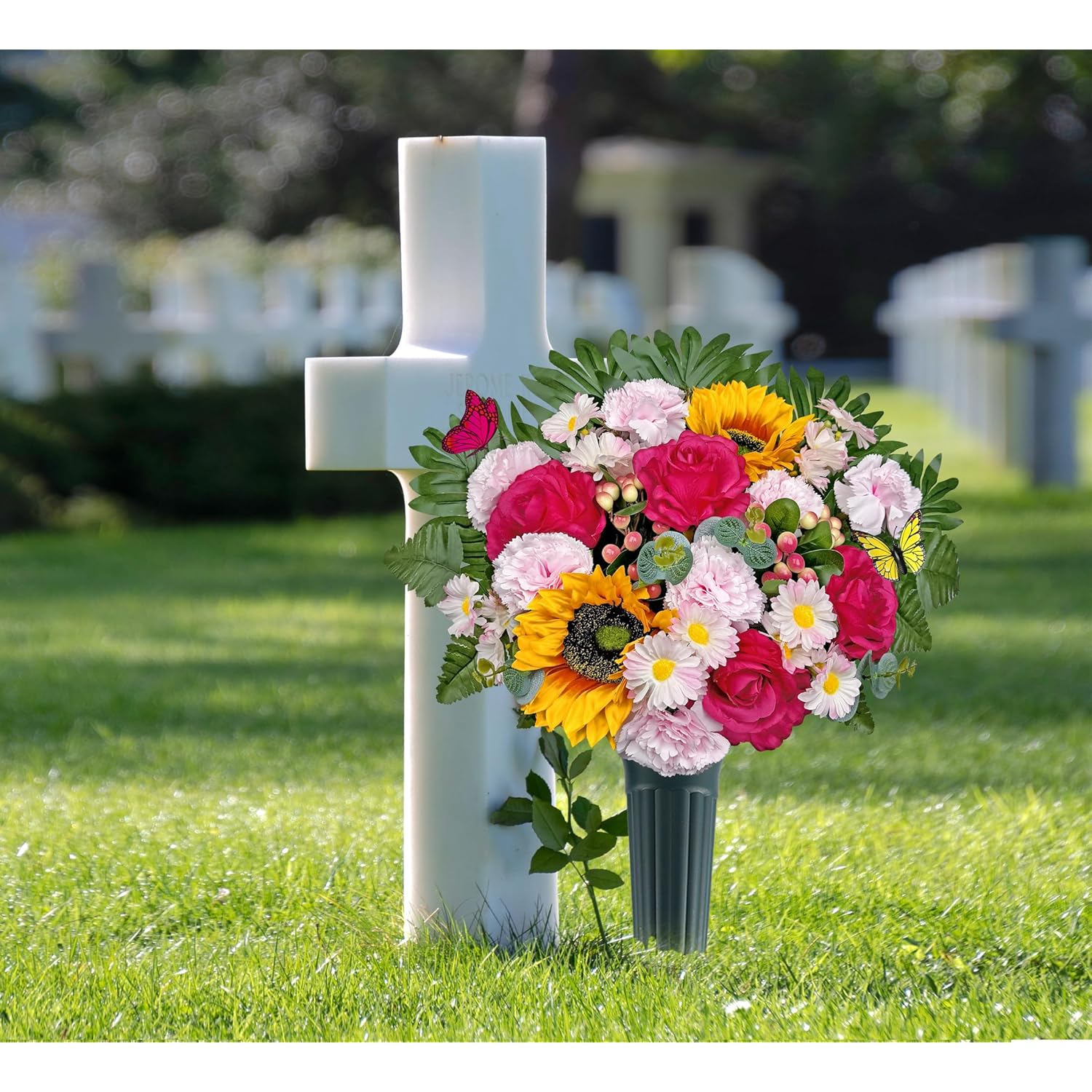 Artificial Cemetery Flowers - Memorial Flowers Bouquet With Vase For Outdoor Grave Decorations,Sympathy Flower - Realistic Vibrant Rose/Sunflower/Hyacinth