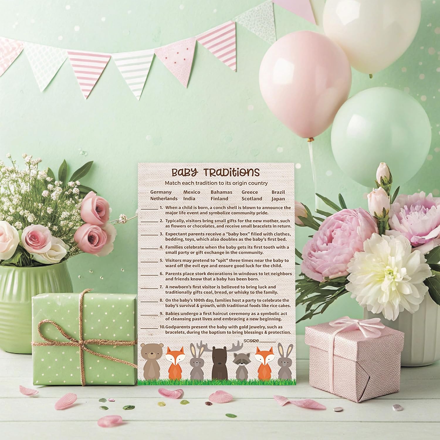 Woodland Animals Baby Shower Games — Baby Traditions Around The World Game — Pack Of 25 — Gender Neutral, Reveal Party, Rustic Jungle Fun Baby Facts Trivia Couples Shower Activity G601-Btw