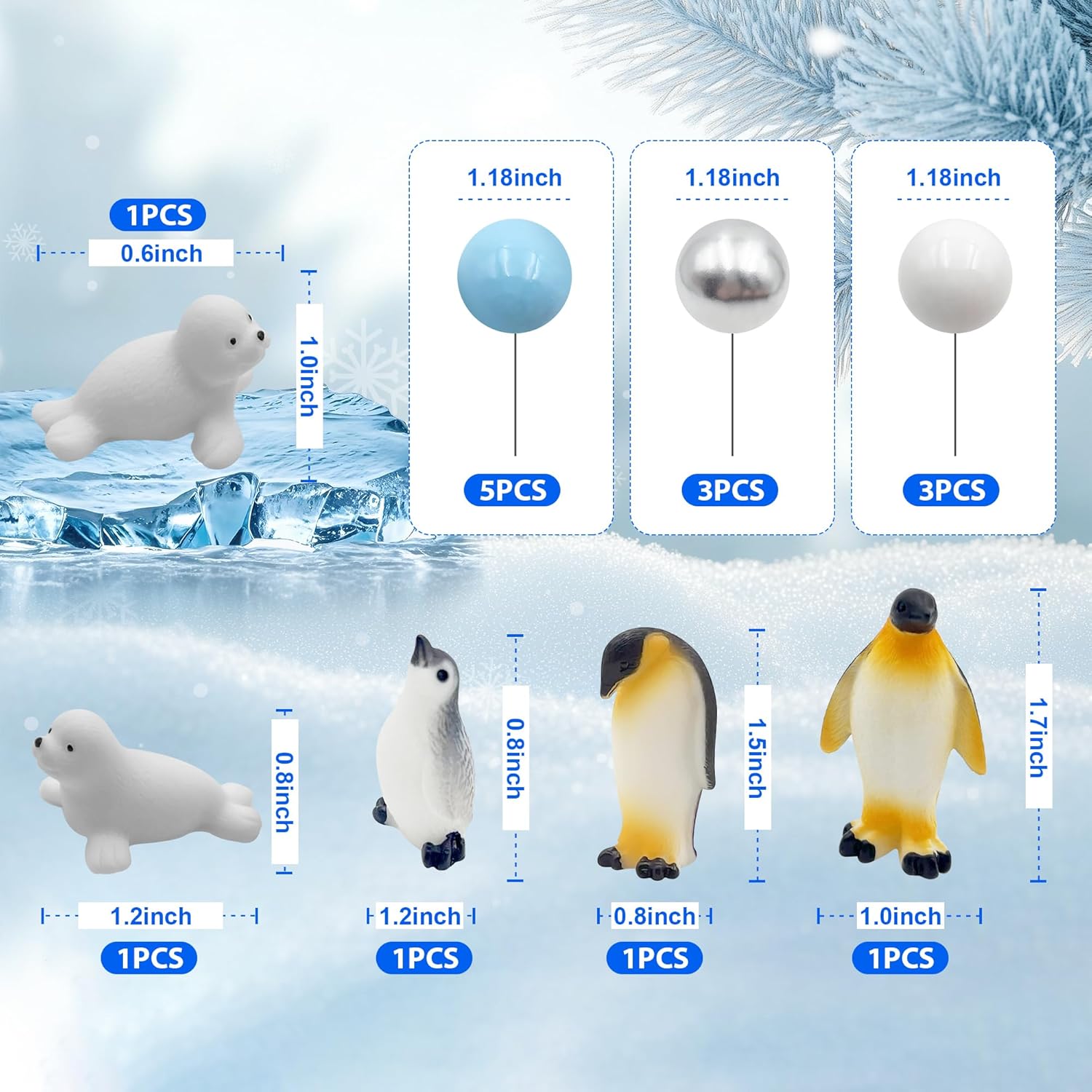 Penguin Cake Decorations Seal Cake Topper Arctic Cupcake Topper Polar Animal Figurines Mini Penguin Themed Cake Toppers Blue White Silver Ball Toppers For Birthday Winter Christmas Party
