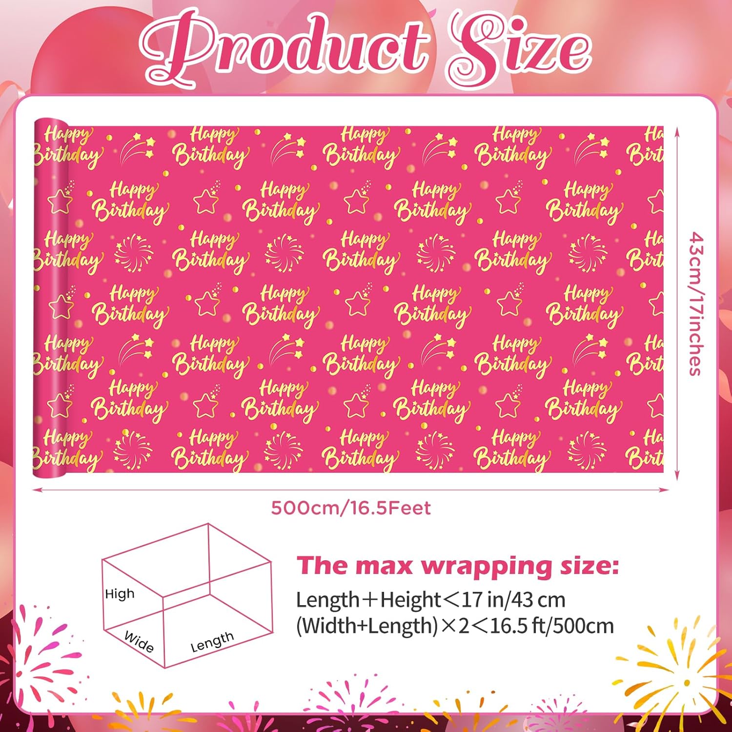 Pink Gold Birthday Wrapping Paper Roll For Girls Women, Pink And Gold Gift Wrap Paper, Gold Star And Dot Design Gift Packing Paper Art Paper For Birthday Baby Shower Party, 17Inch X 16.5Feet