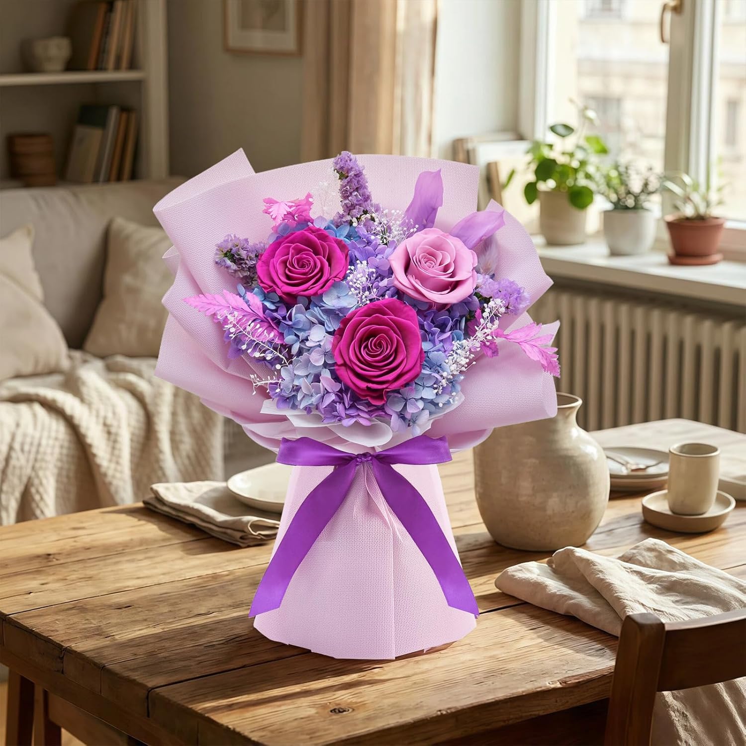 Preserved Flowers Bouquet, Flowers For Delivery,Handmade Purple Rose Bouquets Lasting 3-5 Years, Luxury Gift Box,Birthday Flowers Gifts For Women Mom Grandma Wife Friends