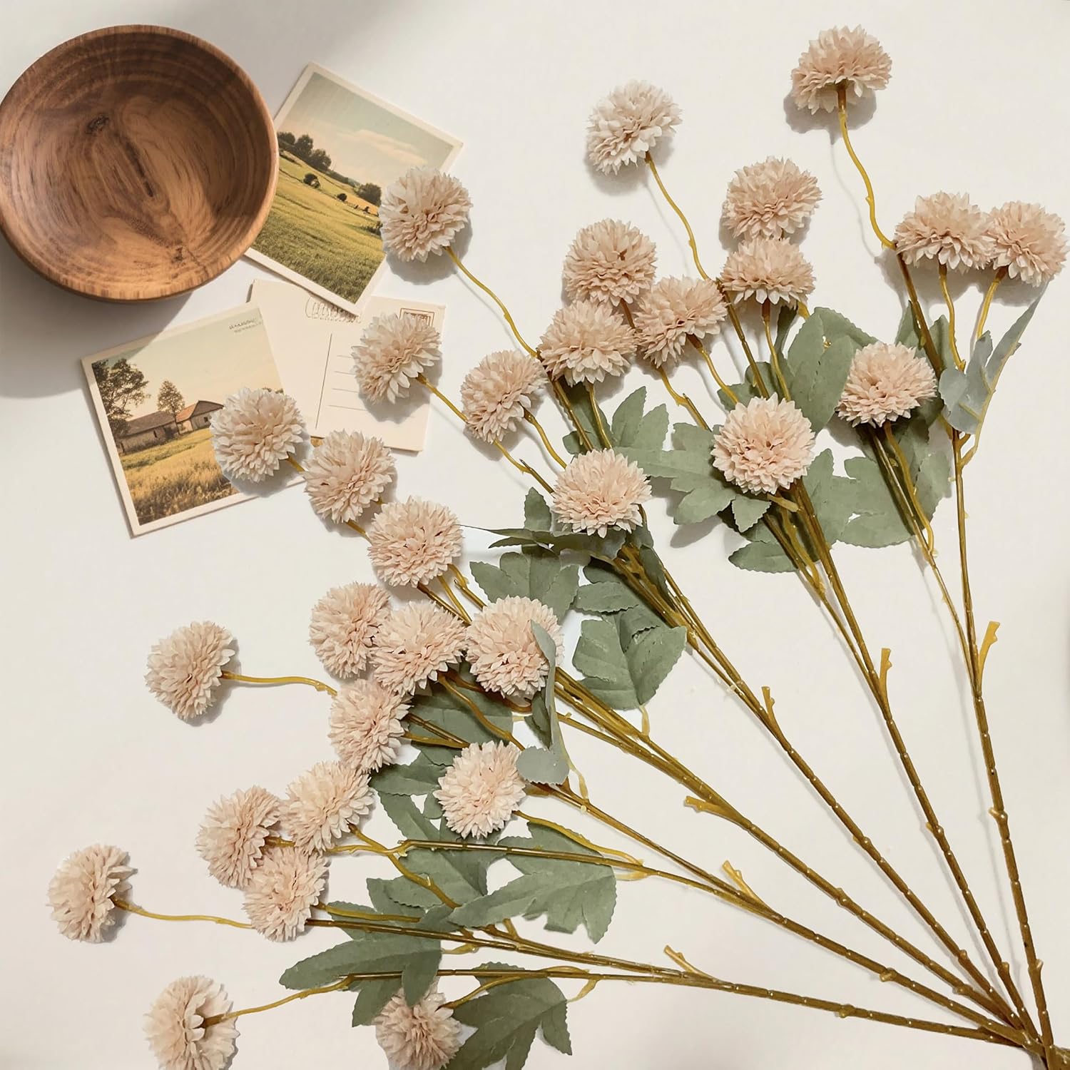 Artificial Flowers Faux Mums 6Pcs, Long Stem Faux Flowers For Vase, Artificial Chrysanthemums Kiku Flower Floral Stems For Home Decor, Baby Shower, Beige