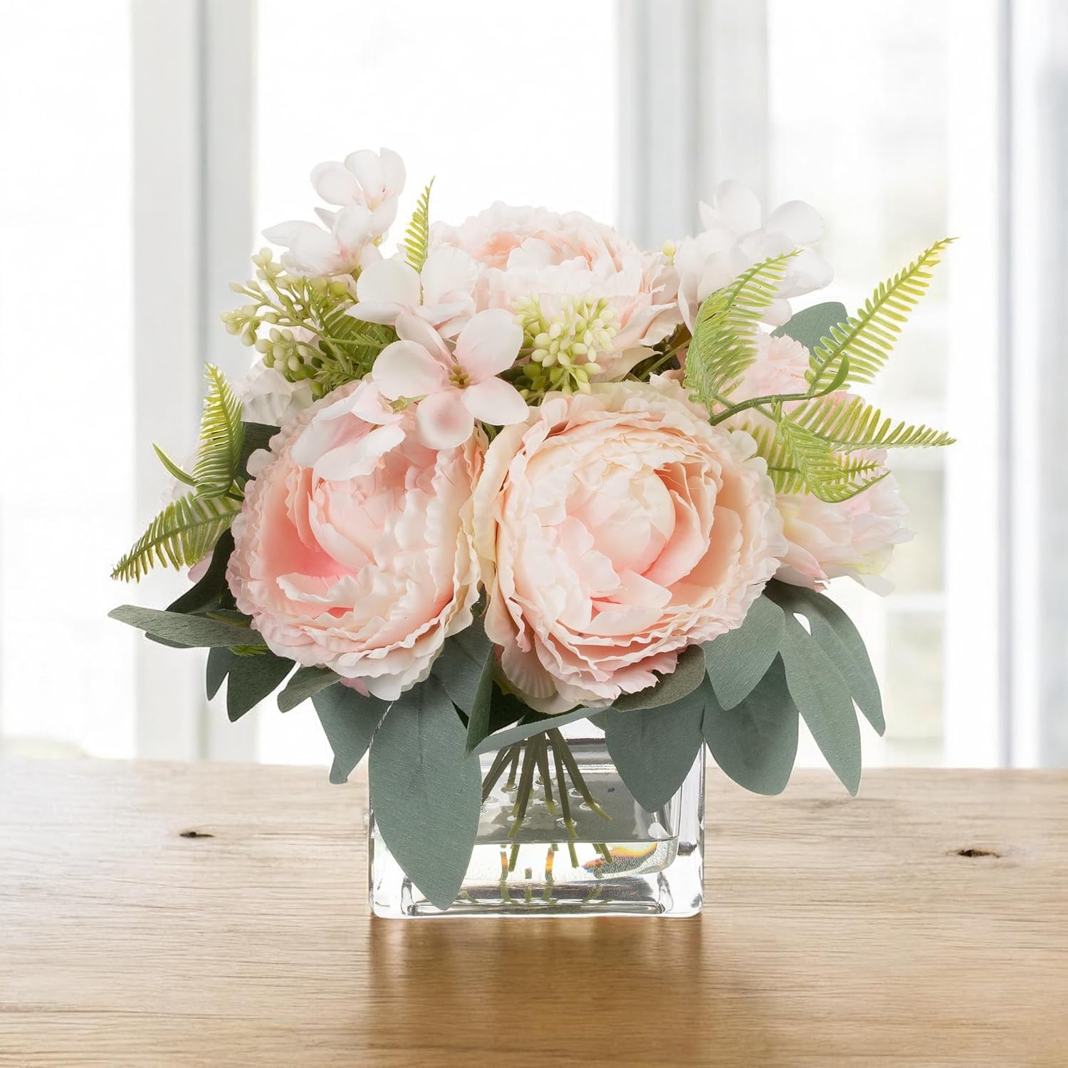 Artificial Flower Arrangement With Vase,Mixed Artificial Silk Peony Flower In Vase For Decoration Home Office, Wedding Centerpiece (Pink)