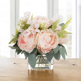 Artificial Flower Arrangement With Vase,Mixed Artificial Silk Peony Flower In Vase For Decoration Home Office, Wedding Centerpiece (Pink)
