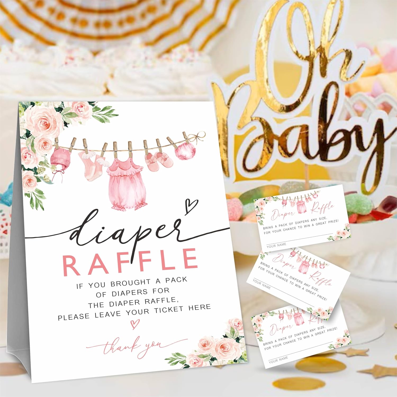 Baby Girl Diaper Raffle Game Kit For Baby Shower, Baby Blush Floral - 1 Standing Sign & 50 Tickets, Decorations For Baby Shower, Gender Reveal, Baby Announcement, Party Favor & Supplies - A07