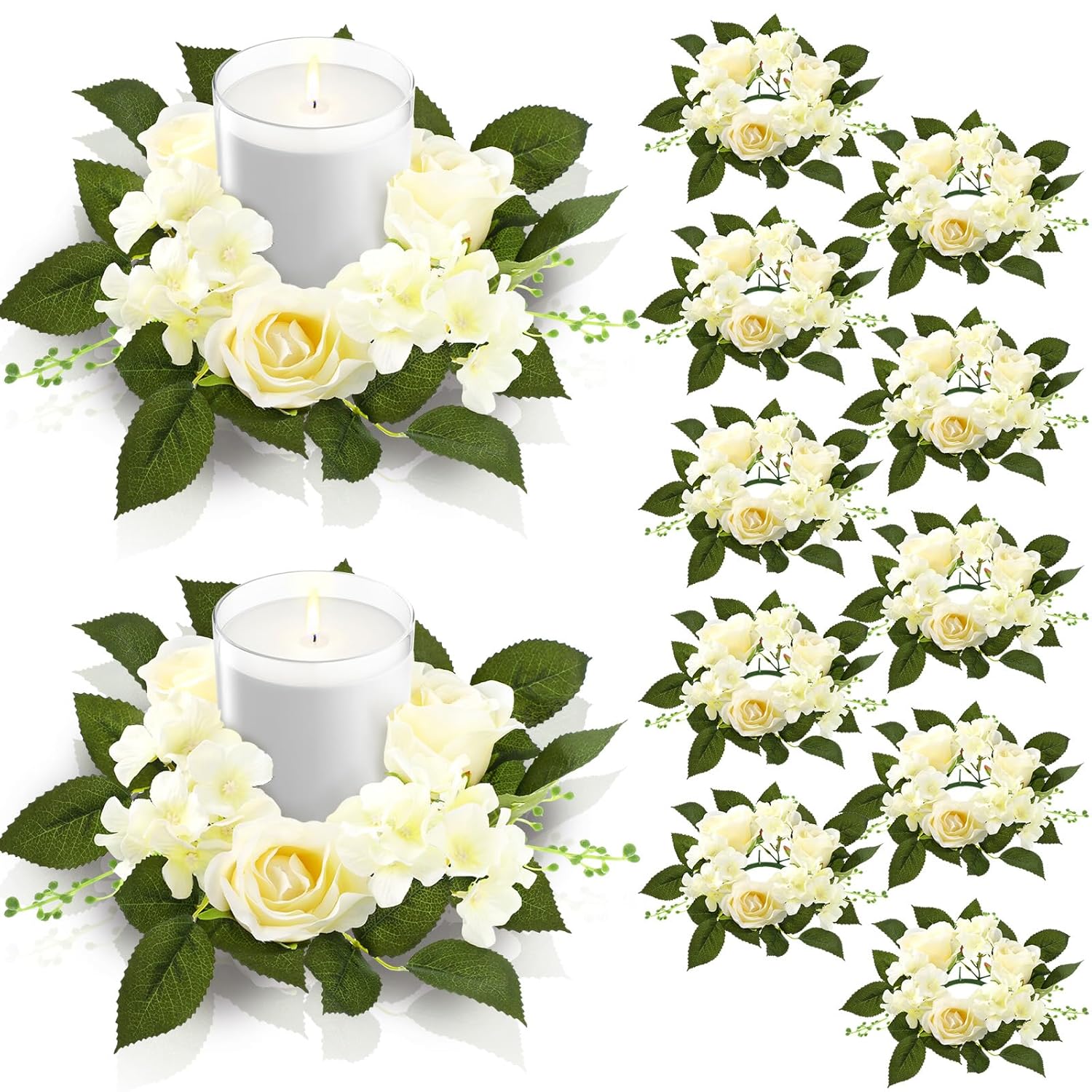 12 Pcs Wedding Rose Candle Rings Artificial Floral Wreaths With Green Leaves Flower Candle Rings Candleholders Garland For Pillar Centerpiece Party Table Decor, 3.94'' Inner Diameter, White