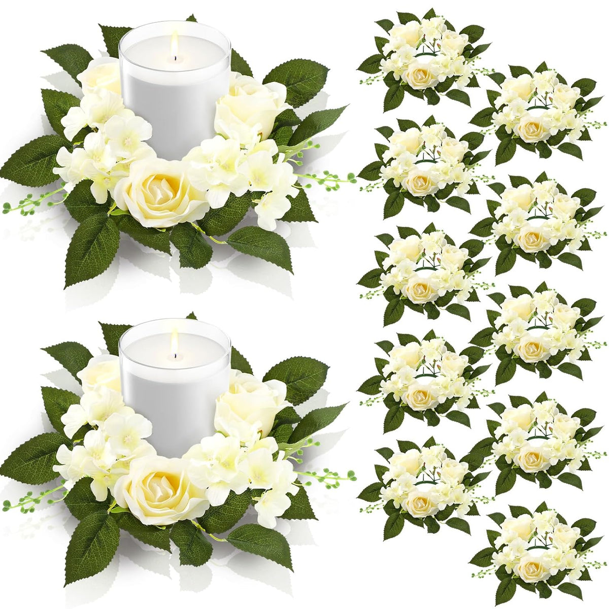 12 Pcs Wedding Rose Candle Rings Artificial Floral Wreaths With Green Leaves Flower Candle Rings Candleholders Garland For Pillar Centerpiece Party Table Decor, 3.94'' Inner Diameter, White