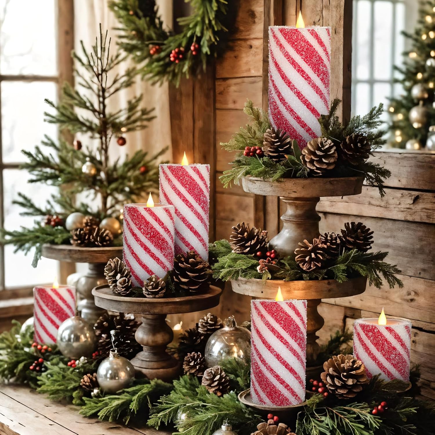 Christmas Flameless Pillar Candles Decor - 3Pcs Candy Cane Stripe Real Wax Red And White Led Candles With Battery Operated For Home Christmas, New Year, Winter Wedding Party Decoration Or Gift