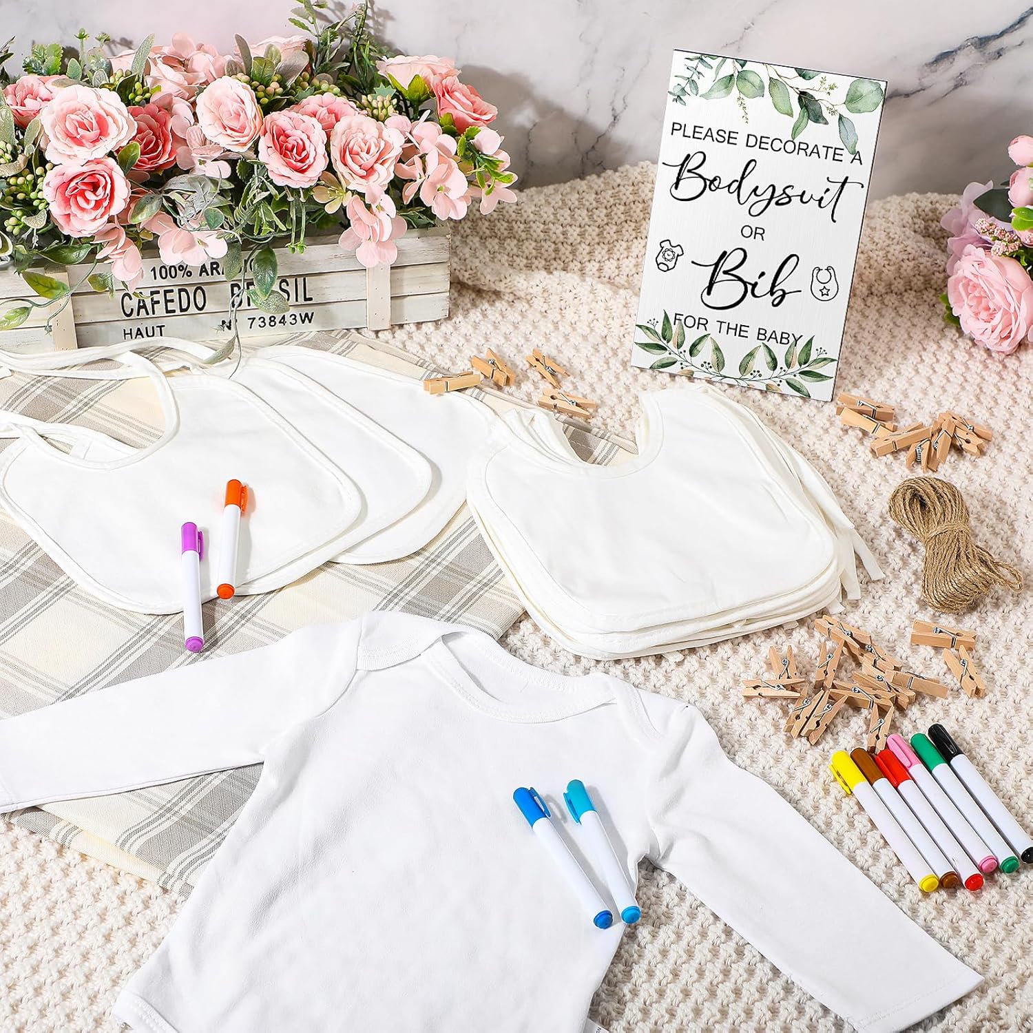 43 Pcs Baby Shower Games White Bodysuit Decorating Kit Bibs Design Games Prizes, Include Wooden Game Sign With 15 Blank White Bibs 15 Bodysuit 12 Marker For Shower