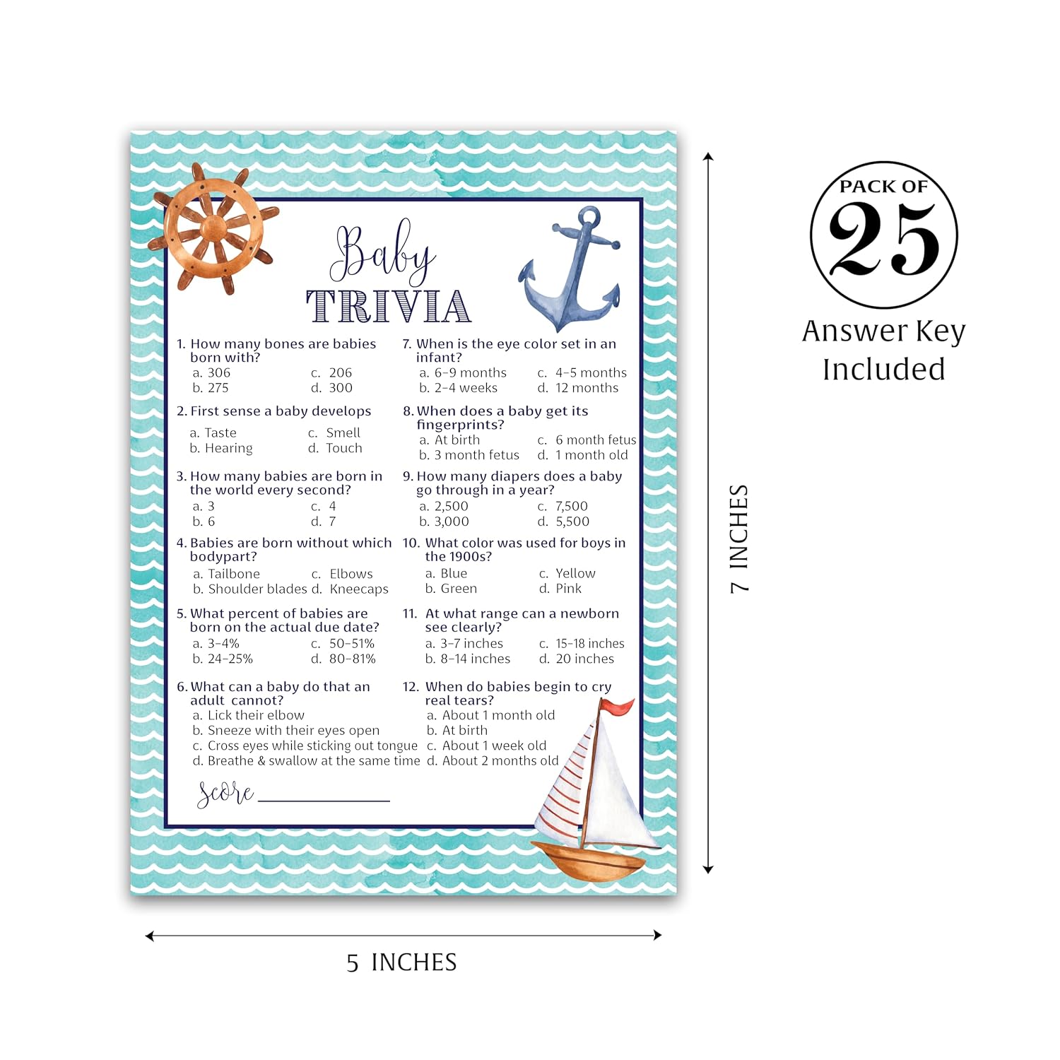 Nautical Baby Shower Games — Baby Trivia Game — Pack Of 25, Rustic Navy Blue Anchor, Ahoy Boy Couples Shower Game, Sail Boat Fun Baby Facts Gender Neutral Nautical Theme Shower Activity G807-Trv