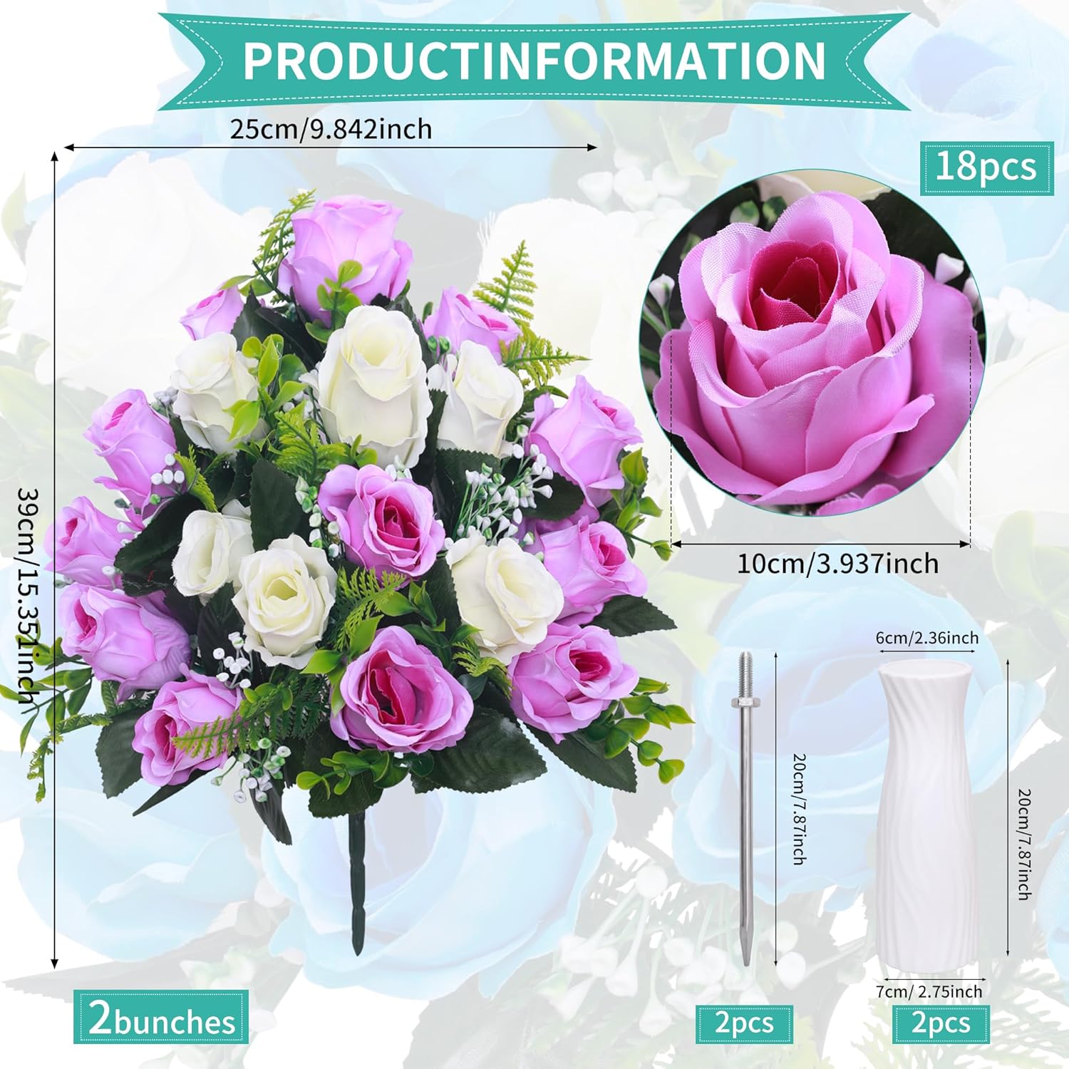 Artificial Cemetery Flowers,Set Of 2 Grave Decorations Roses, Tombstone Memorial Bouquet With Vase For Grave Arrangementss (2, White & Purple)