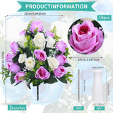 Artificial Cemetery Flowers,Set Of 2 Grave Decorations Roses, Tombstone Memorial Bouquet With Vase For Grave Arrangementss (2, White & Purple)
