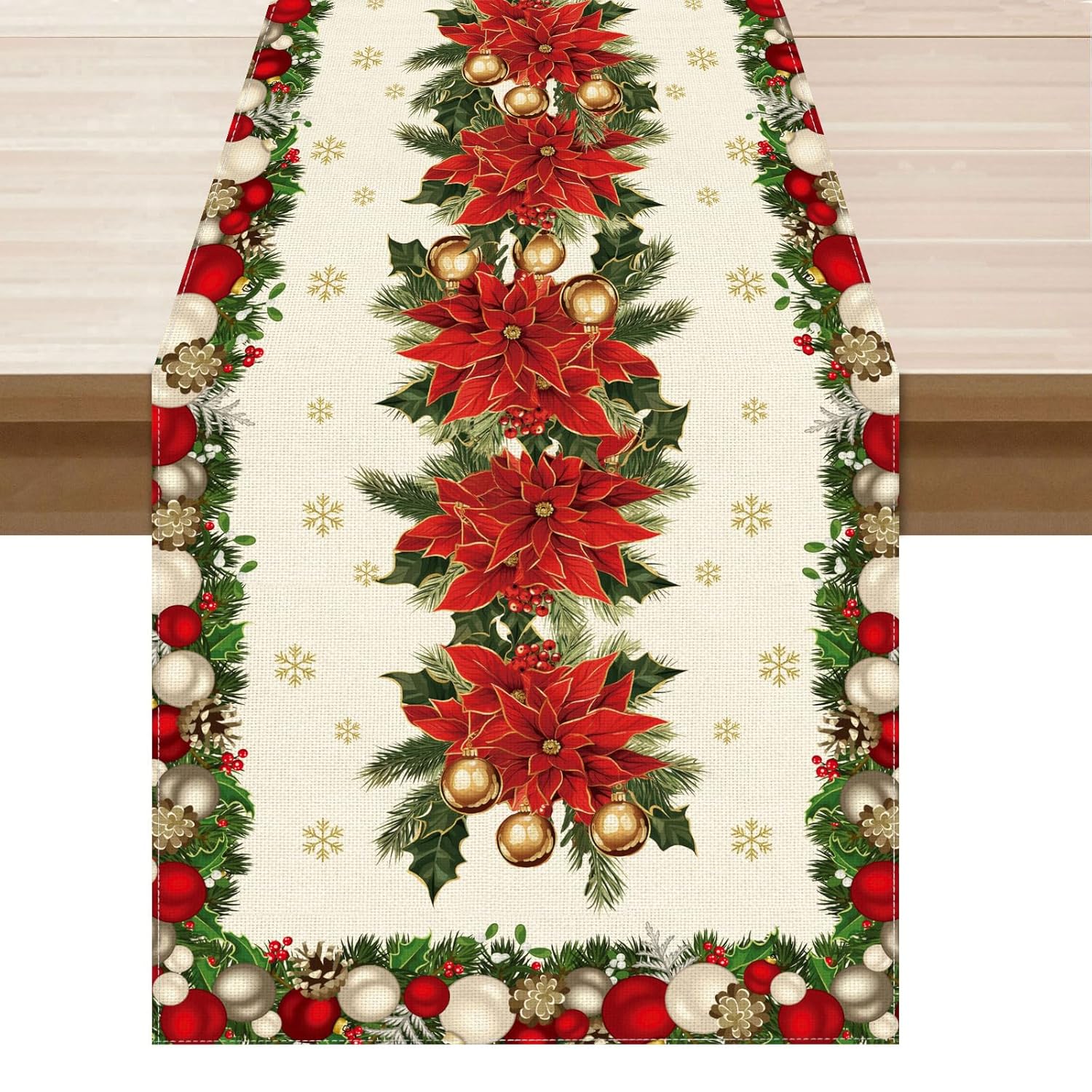 Christmas Poinsettias Leaves Bells Snowflakes Winter Xmas Table Runner Table Decoration For Home Kitchen Dining Holiday Decor 13X72 Inch