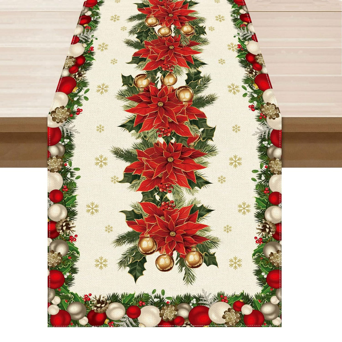 Christmas Poinsettias Leaves Bells Snowflakes Winter Xmas Table Runner Table Decoration For Home Kitchen Dining Holiday Decor 13X72 Inch