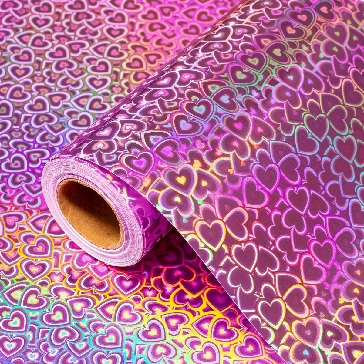 Holographic Heart Wrapping Paper Roll, Girly Romantic Metallic Pink Rainbow Birthday Wrapping Paper For Valentine'S Day, Wedding, Anniversary, Christmas, Party, Celebration (17In X 33Ft)