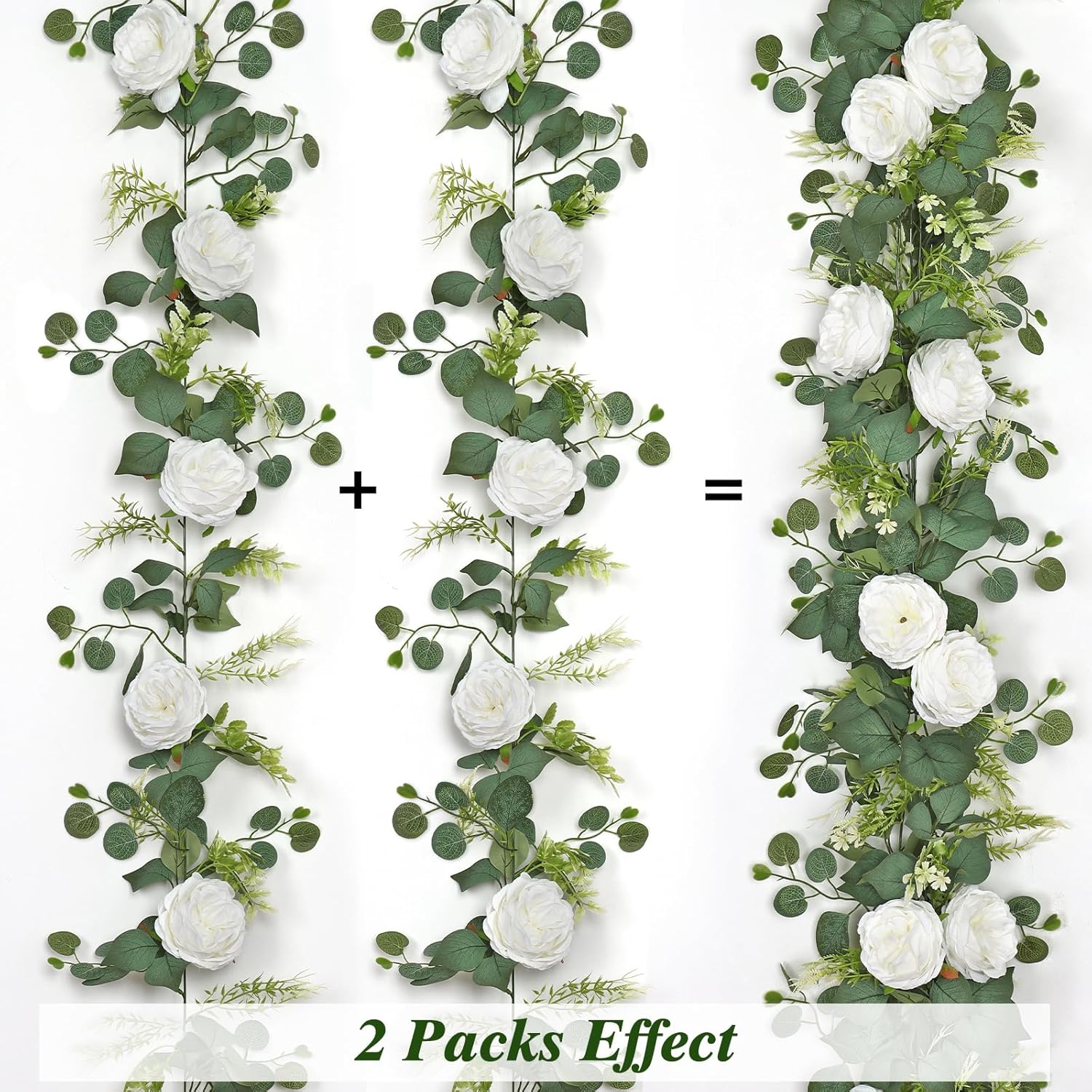 4 Pack 6.23 Ft Artificial Eucalyptus Garlands With White Roses,Faux Floral Greenery Garlands Fake Rose Flowers Vines Garlands For Wedding Table Centerpieces Arch Party Ceremony Backdrop Decor