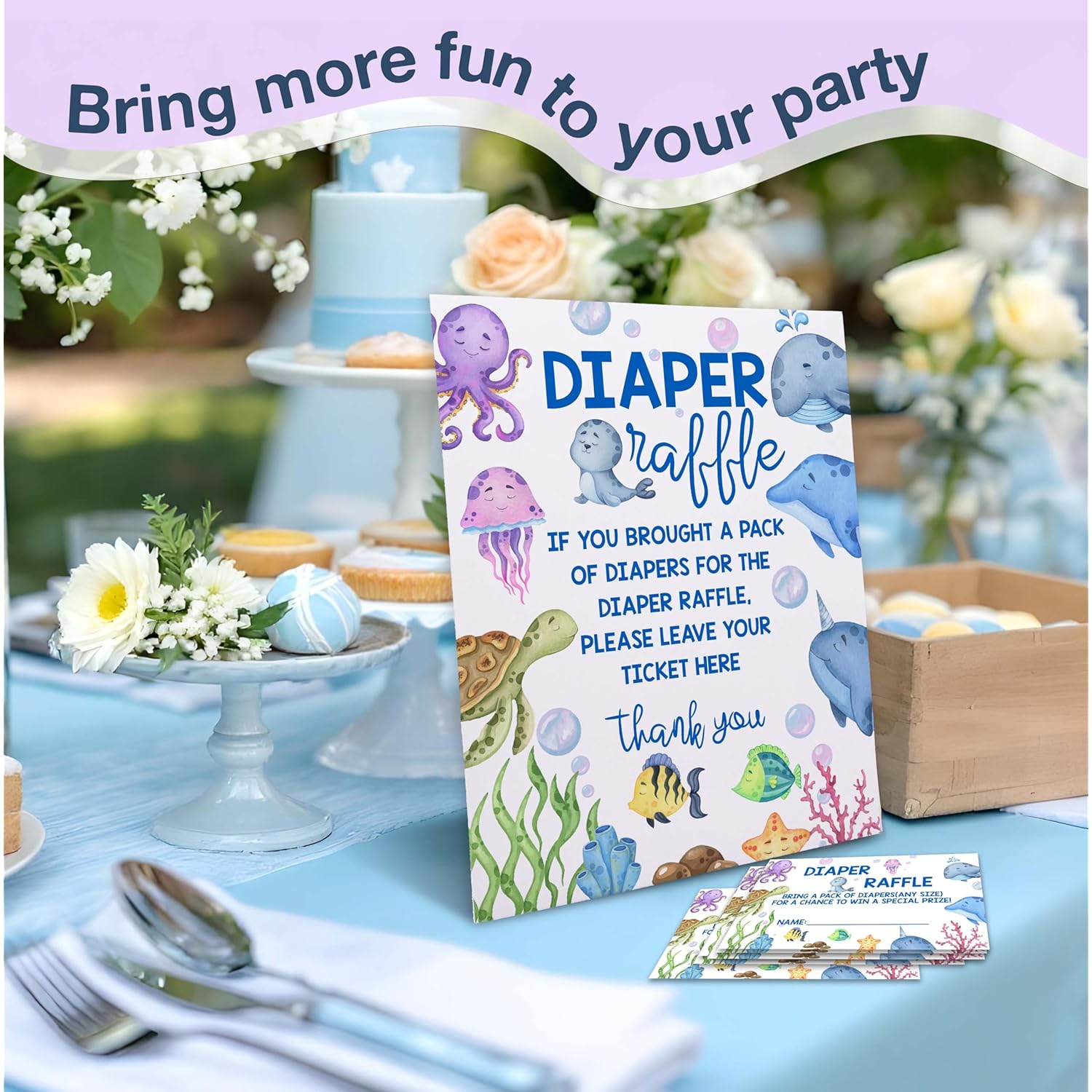 Under The Sea Diaper Raffle Tickets With Sign - Ocean Animals Baby Shower Game Card Set-1 Sign And 50 Tickets For Baby Shower Party Supplies - F02