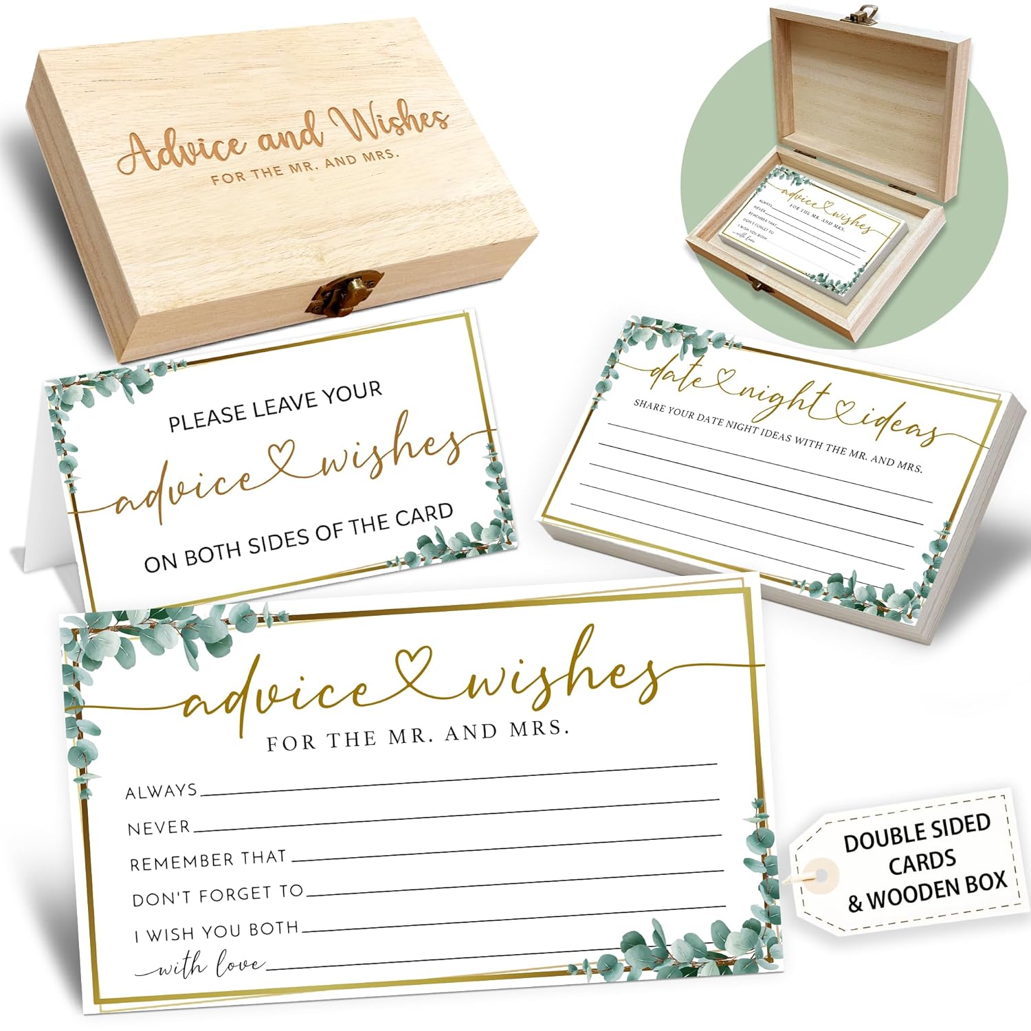 Eucalyptus Advice And Wishes For The Mr And Mrs - 50 Packs Wedding Advice Cards Bridal Shower Game Cards With Box Reception Guest Book For Bride Groom Newlywed Engagement Party Decoration -A10