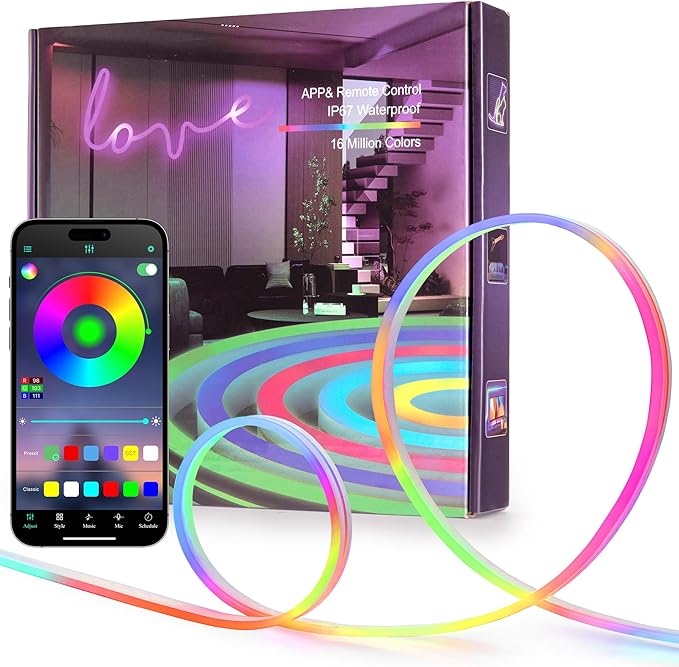 50FT RGB LED Neon Rope Lights App & Remote Control Music Sync IP67 Waterproof Strip Lights
