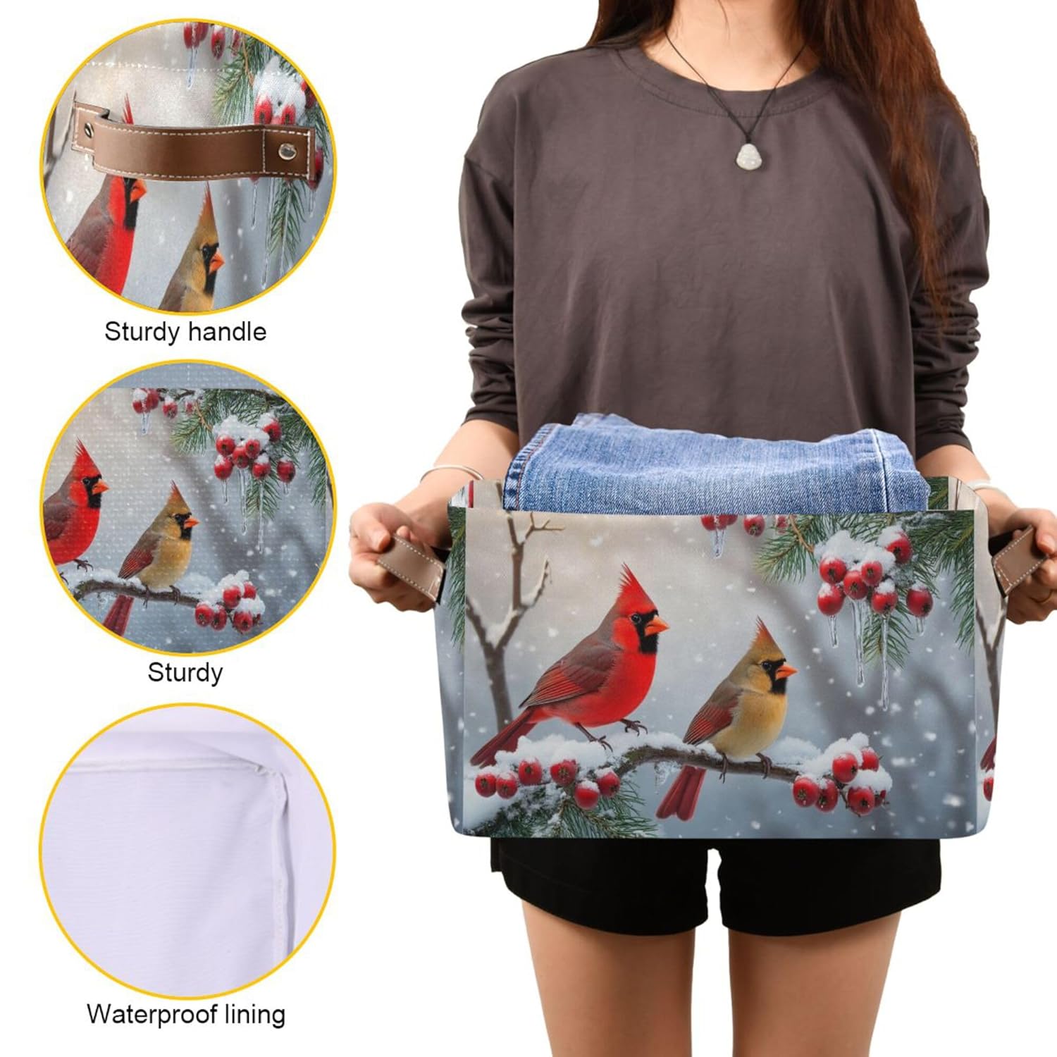 Winter Cardinal Birds Snow Storage Basket Fabric Laundry Baskets Christmas Tree Holly Berry Branches Storage Boxes Organizer Bag For Baby Cloth Dog Toy Book Storage Cubes Shelf Closet Bins 16×12×8