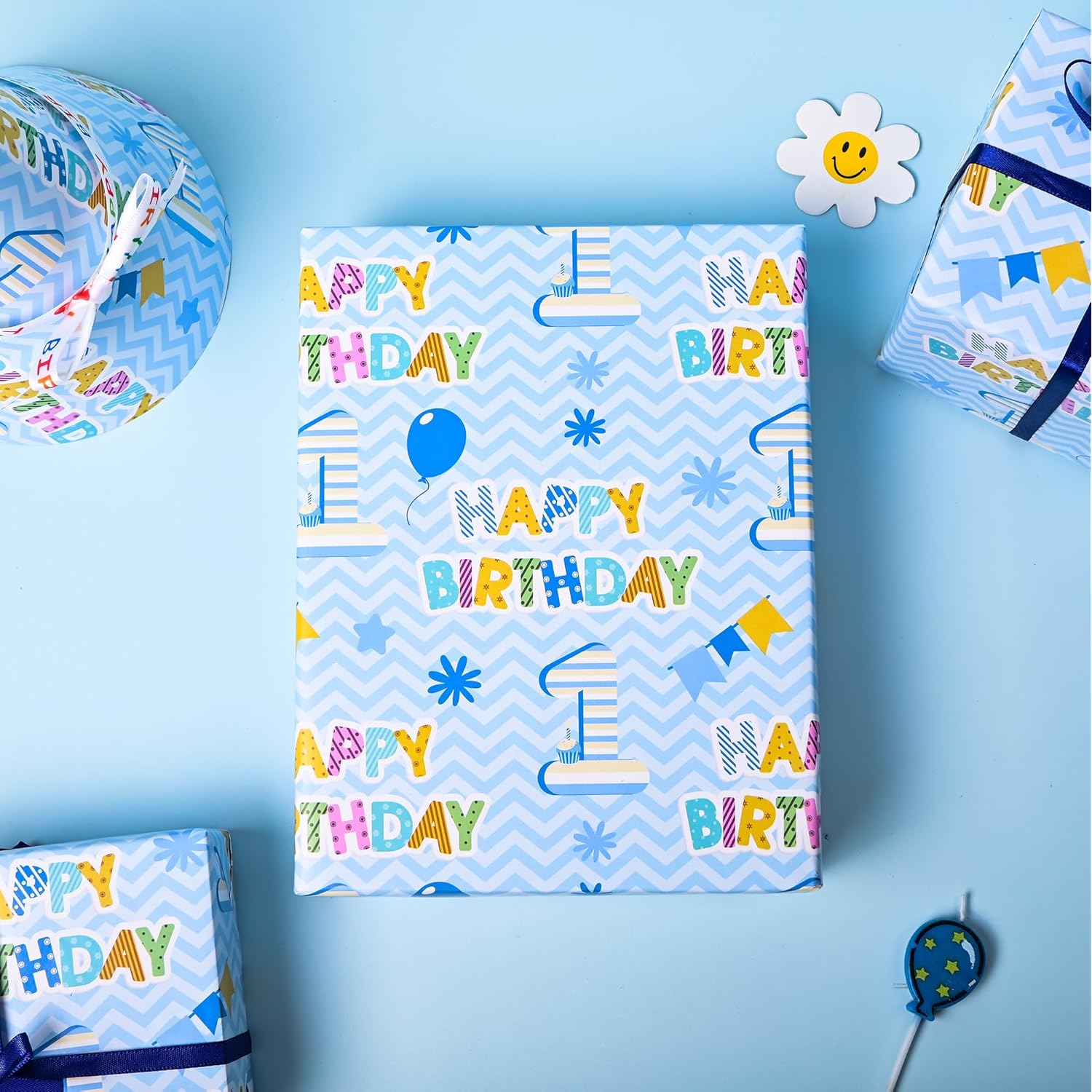 1St Birthday Wrapping Paper Roll - Blue Happy Birthday With Balloon Gift Wrap Sheets For Kids Boys Baby Shower Party Decoration Celebration Total 28.5Sq.Ft