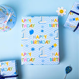1St Birthday Wrapping Paper Roll - Blue Happy Birthday With Balloon Gift Wrap Sheets For Kids Boys Baby Shower Party Decoration Celebration Total 28.5Sq.Ft