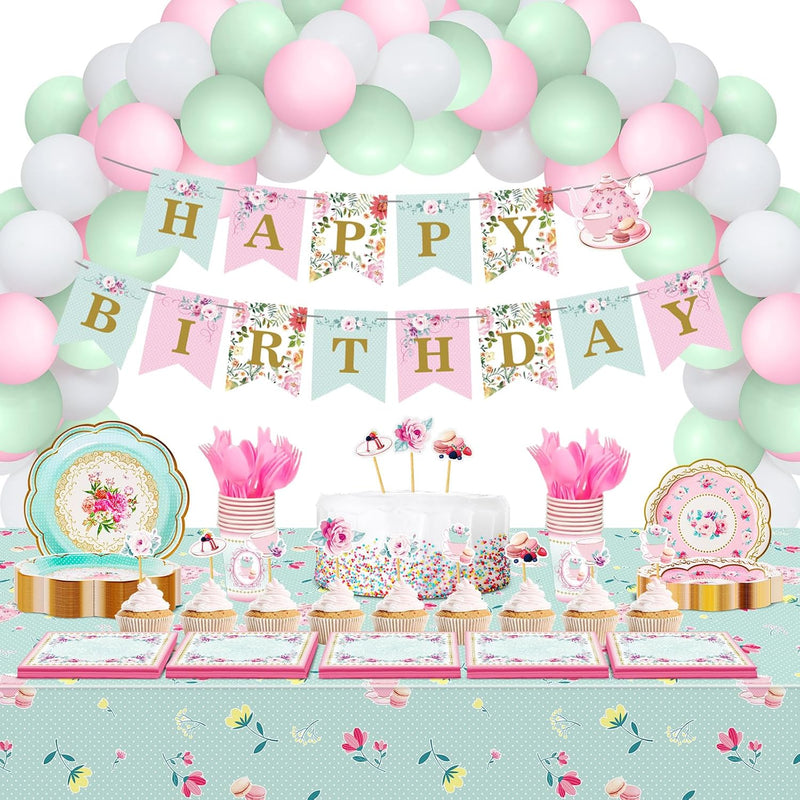 217 Pcs Spring Decor Floral Tea Party Happy Birthday Tea Party Decorat