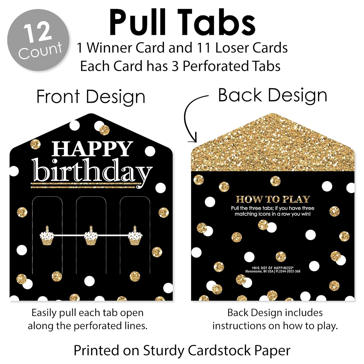 Big Dot of Happiness Adult Happy Birthday - Gold - Birthday Party Game Pickle Cards - Pull Tabs 3-in-a-Row - Set of 12